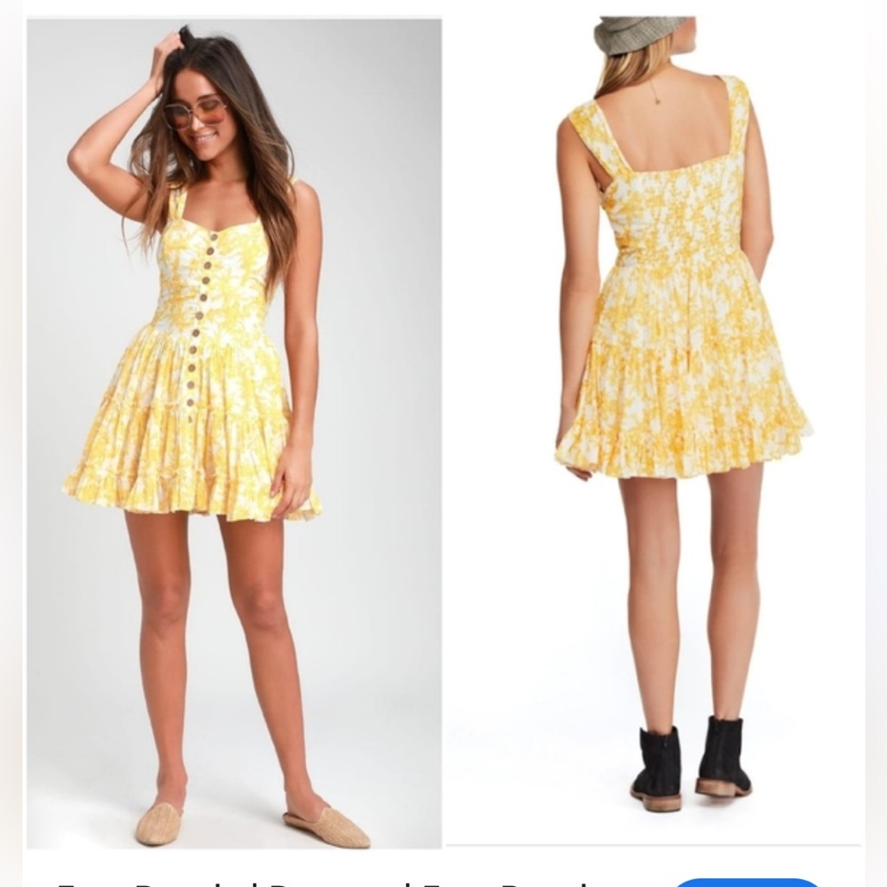 Free People Yellow Floral Button Front Sundress | Ruffle Hem | Size S